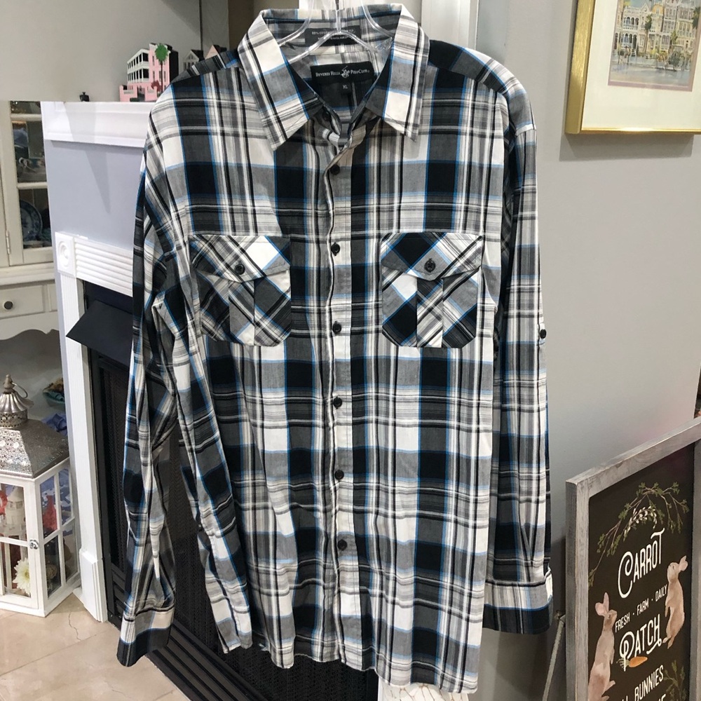 Beverly Hills Polo Club Plaid Checkered Button Up Collared Long Sleeve Shirt